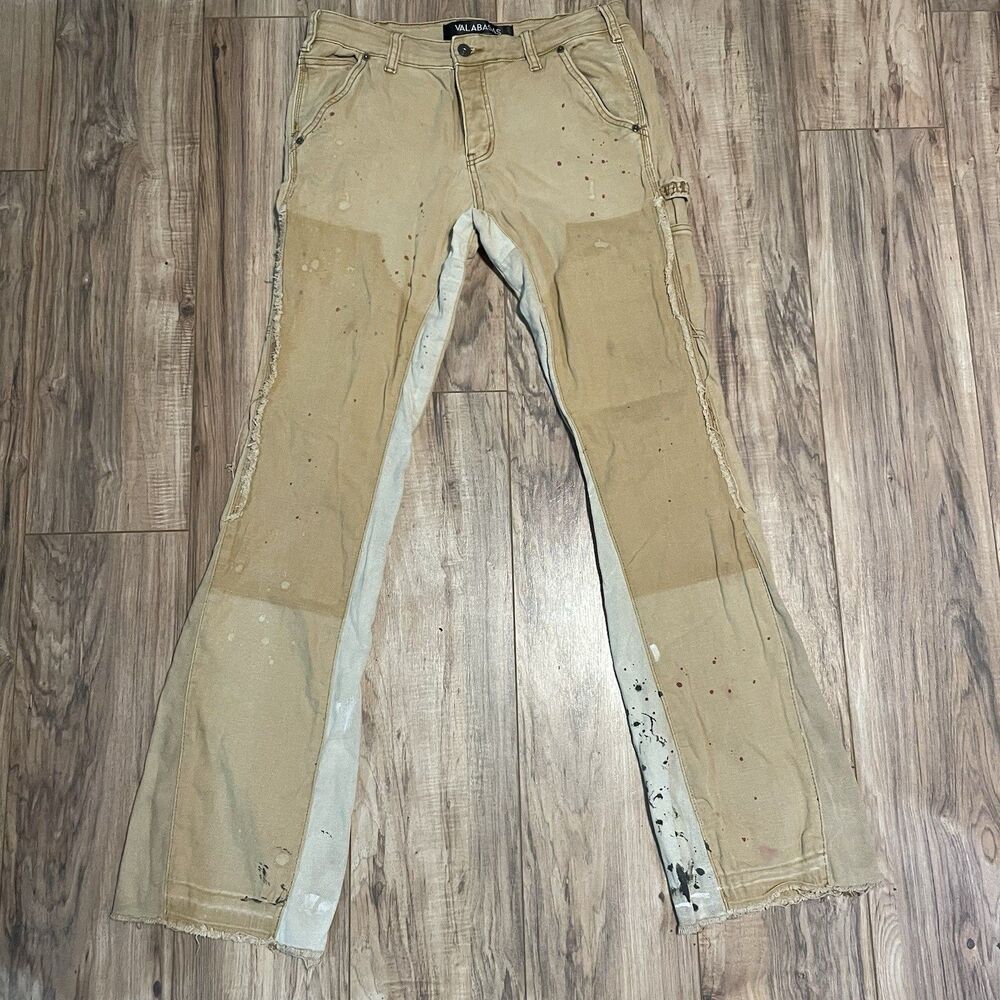 Valabasas Khaki Canvas Paint Splatter Mens Flare Bootcut 34x35 Jeans Carpenter